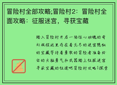 冒险村全部攻略;冒险村2：冒险村全面攻略：征服迷宫，寻获宝藏