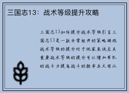 三国志13：战术等级提升攻略